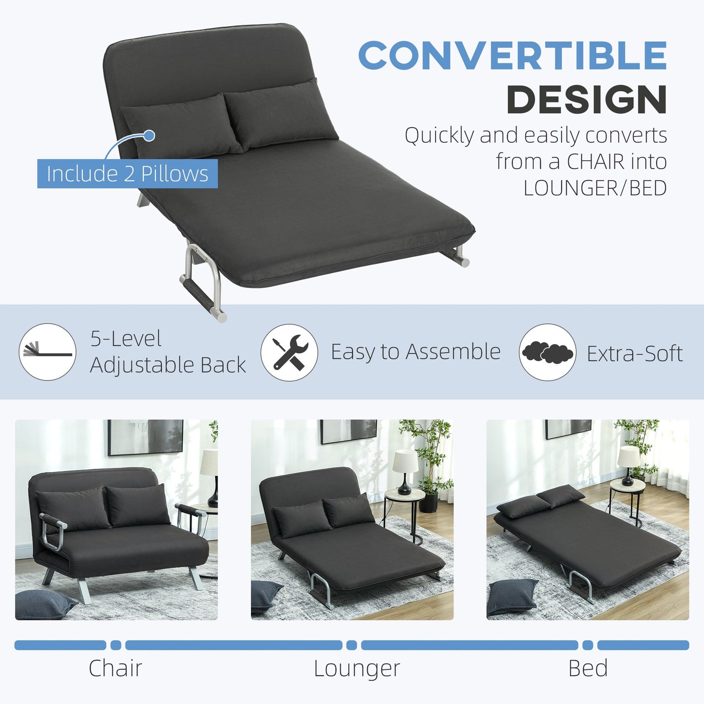 HOMCOM Two-Seater Click-Clack Sofa Bed - Charcoal Grey