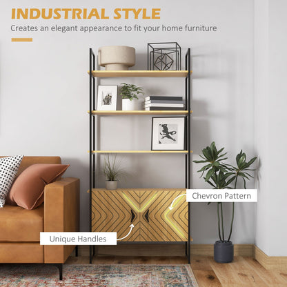 Retro Style Industrial Bookshelf 4-Tier Shelving with Double Door Cabinet and Metal Frame for Living Room, Bedroom, Oak Tone