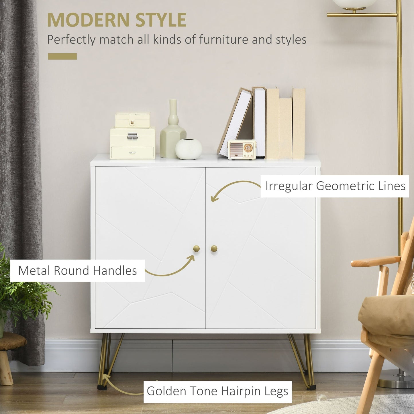 Storage Cabinet with Golden Tone Legs & Adjustable Shelves - White