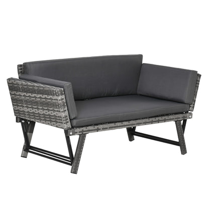 Sofa Outsunny 2-osobowa z rattanu z poduszkami, 2-w-1 z rattanu PE z podłokietnikami lewostronnymi w górę lub w dół, ogrodowa leżanka dwuosobowa na zewnątrz, patio, mieszany szary