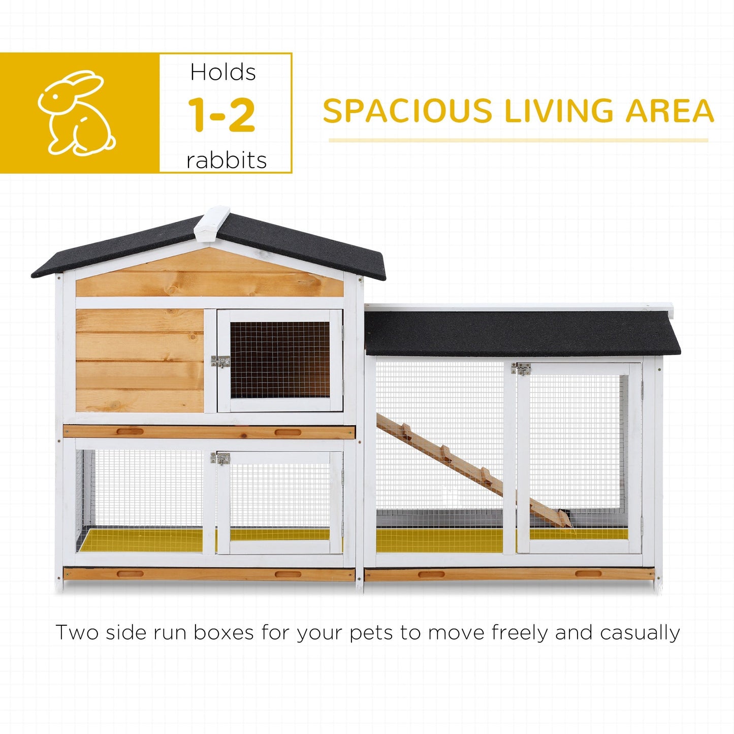 PawHut Rabbit Hutch Guinea Pig Hutch Wooden House with Run, 2 Tier Pet Cage Outdoor 157.4 x 53 x 93.5cm, Yellow