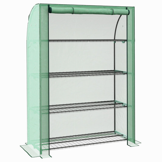 Outsunny 4-poziomowa mini szklarnia z wzmocnioną osłoną PE, przenośna szklarnia wewnętrzna i zewnętrzna z drzwiami rolowanymi i półkami drucianymi, 170H x 120W x 50Dcm, zielona