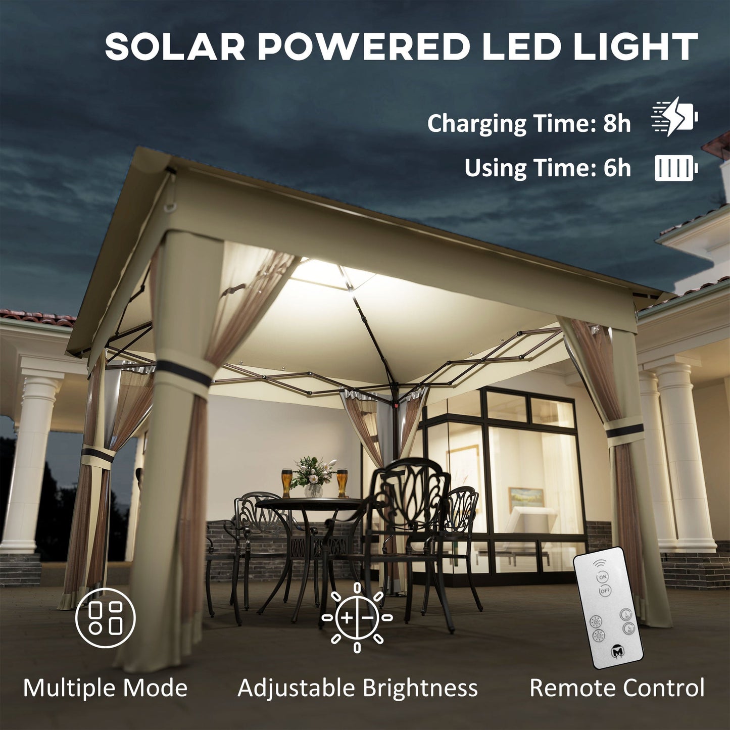 Outsunny 3 x 3(m) Pop Up Gazebo Party Tent z lampami LED zasilanymi energią słoneczną, regulowana osłona na imprezy z siatką, khaki