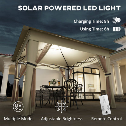 Outsunny 3 x 3(m) Pop Up Gazebo Party Tent z lampami LED zasilanymi energią słoneczną, regulowana osłona na imprezy z siatką, khaki