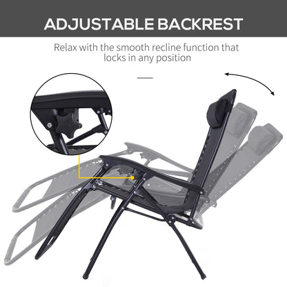 Outsunny Zero Gravity Chair Set of 2, Metal Frame Texteline Armchair Outdoor Folding and Reclining Sun Lounger with Head Pillow for Patio Decking Gardens Camping, Black