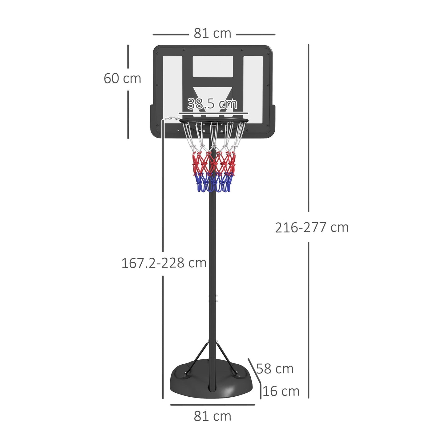 SPORTNOW Height Adjustable Basketball System, Freestanding Basketball Hoop and Stand w/ Wheels, 167-228cm