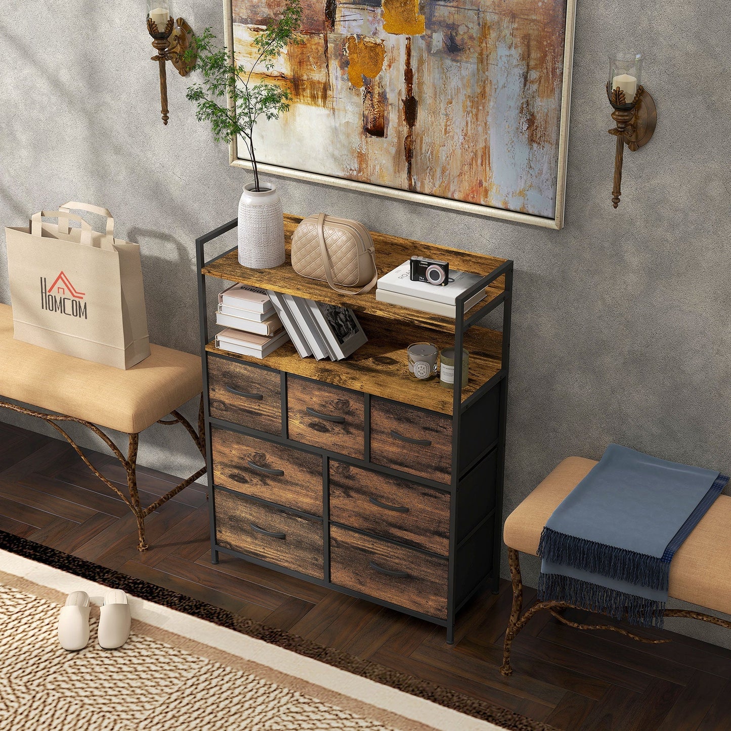 Retro Style Rustic Chest of Seven Fabric Drawers - Brown Wood Effect