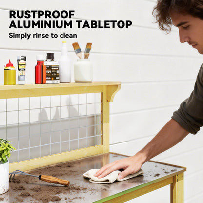 Outsunny Wooden Potting Bench Table with Aluminium Worktop, Outdoor Garden Workbench with 2 Shelves