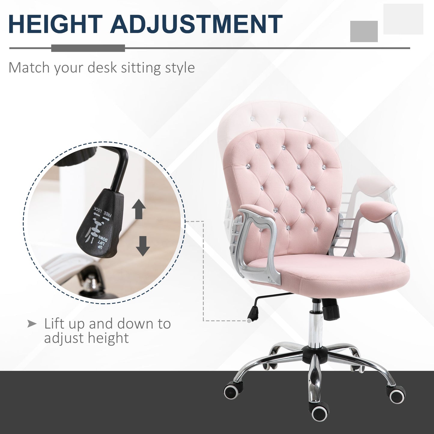 Vinsetto Office Chair Ergonomic 360° Swivel Diamond Tufted Home Work Velour Padded Base 5 Castor Wheels Pink