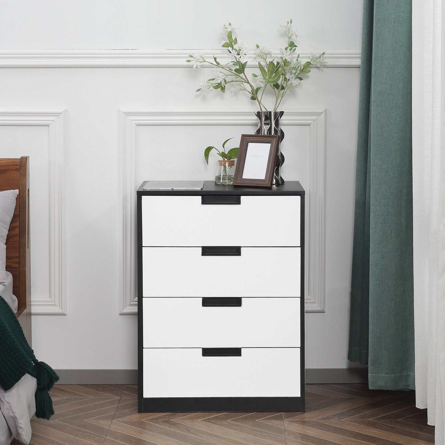 4 Drawer Storage Chest Cabinet Organiser for Bedroom, Living Room, 60cmx40cmx80cm, White and Black