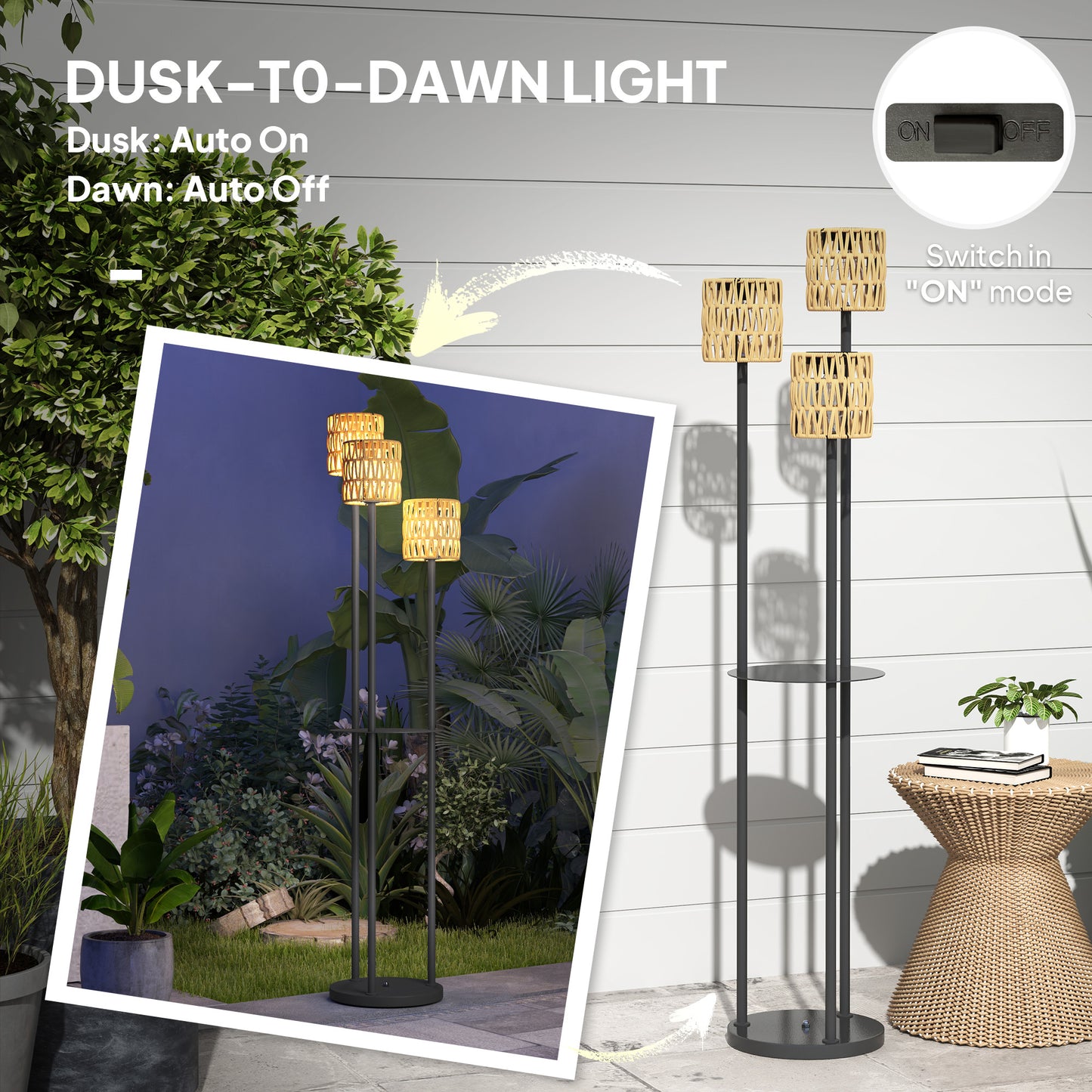 Lampa podłogowa Outsunny Boho Rattan, 3-lampowa lampa rattanowa z półką, wolnostojąca lampa ogrodowa solarna z automatycznym włączaniem/wyłączaniem, IP44 wodoodporna, na werandę, ścieżkę, taras, żółta