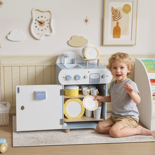 AIYAPLAY Wooden Dishwasher Playset, Kitchen Sink Toys with Faucet, Sink and Accessories, Gift for Boys Girls Toddlers