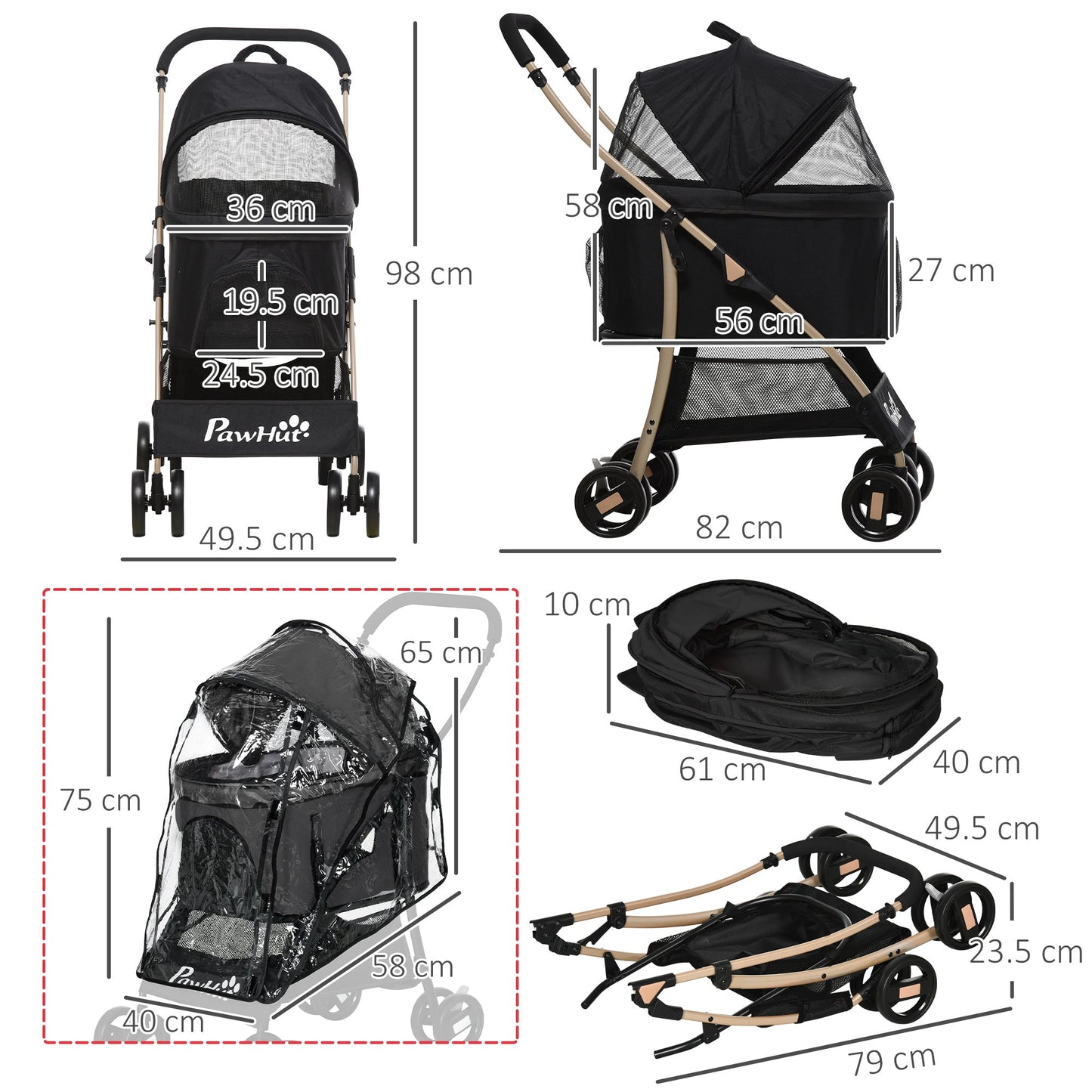 PawHut Detachable Pet Stroller with Rain Cover, 3 In 1 Cat Dog Pushchair, Foldable Carrying Bag w/ Universal Wheels, Brake, Canopy, Basket, Storage Bag for Small and Tiny Dogs - Black