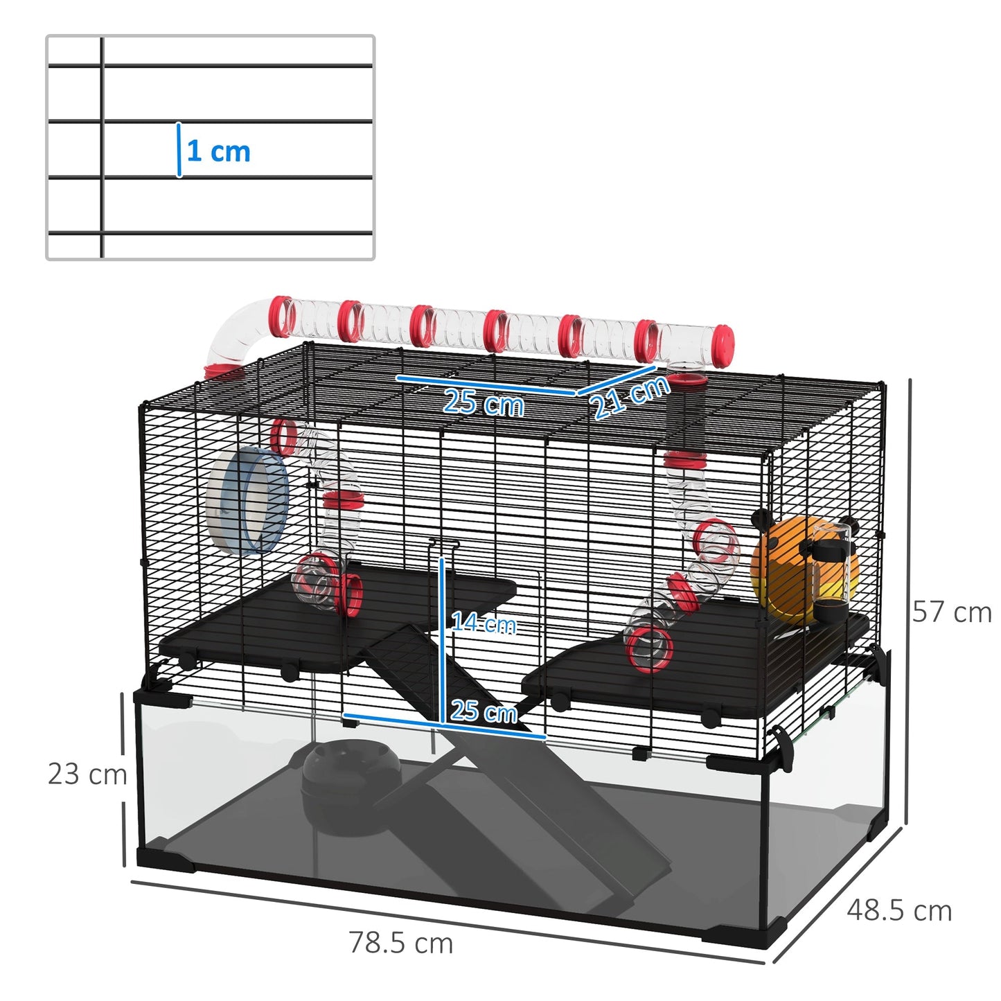 PawHut Gerbil Cage Dwarf Hamster with Deep Glass Bottom, Tunnels Tubes, Ramps, Hut, Exercise Wheel, 78.5 x 48.5 x 57cm