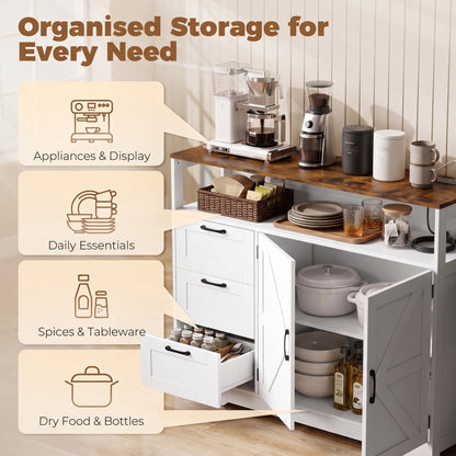 HOMCOM Sideboard Cabinet with Power Outlet, Farmhouse Kitchen Cabinet with 3 Drawers and Open Shelf, White