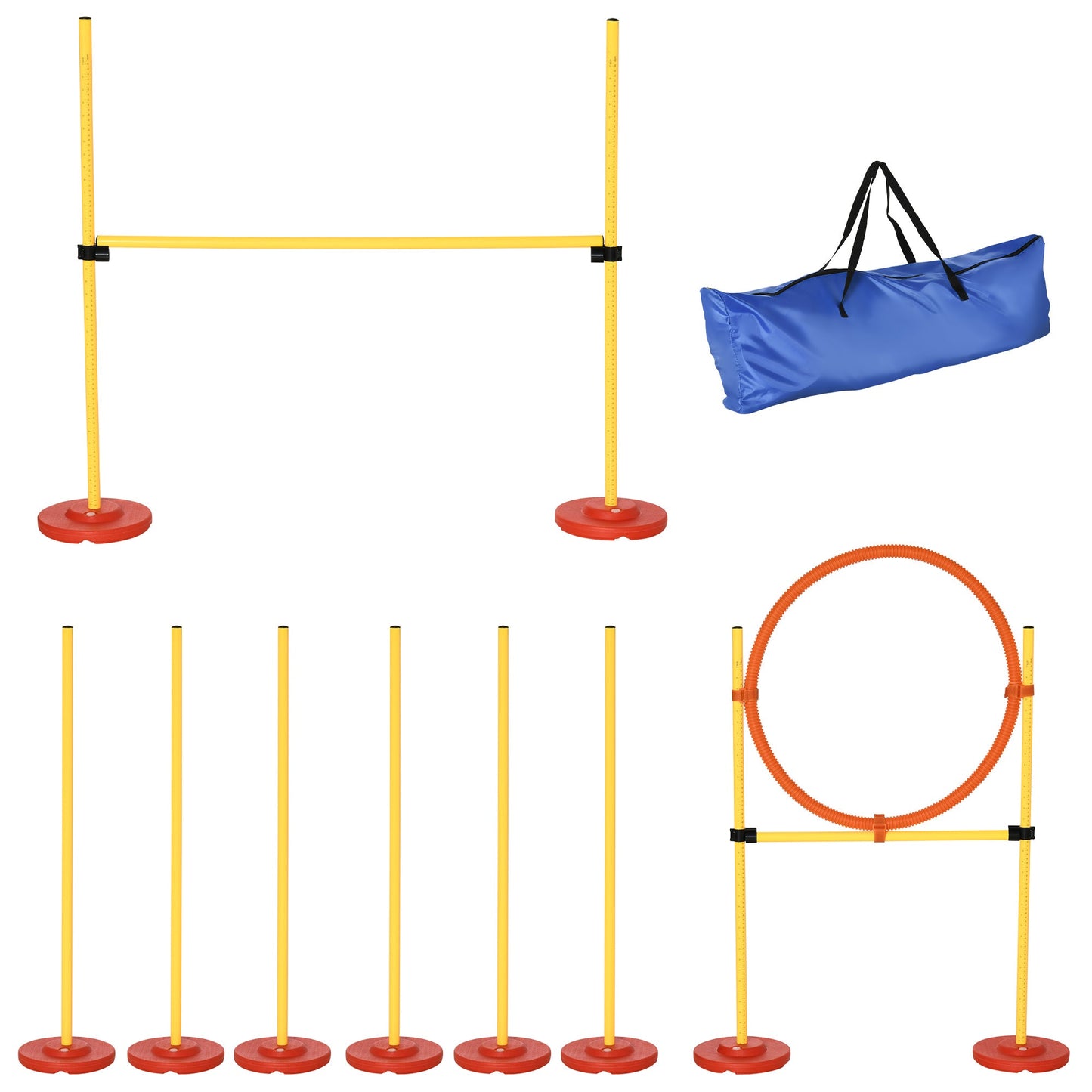 PawHut Dog Agility Equipment Training przenośna przeszkoda dla zwierząt z regulowanymi płotkami, kółkiem do skakania, słupkami do tkactwa