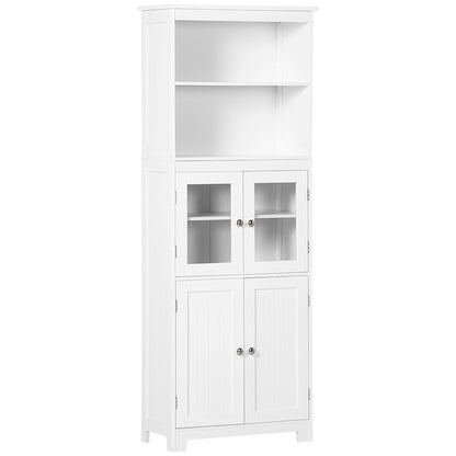 HOMCOM Freestanding Kitchen Cupboard, 4-Door Storage Cabinet with Adjustable Shelf and Glass Doors for Dining Room, Living Room, White