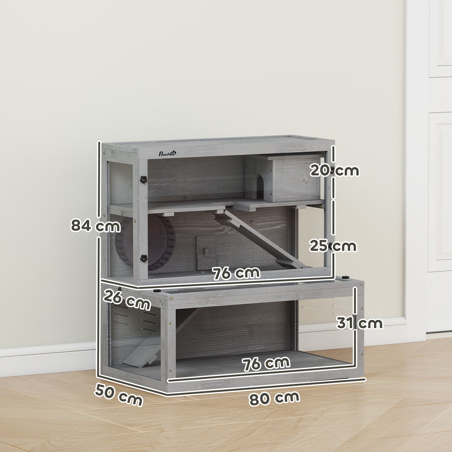 PawHut Wooden Hamster Cage with Hut, Wheel, Ramps, Removable Viewing Panels, 80 x 50 x 84 cm, Grey