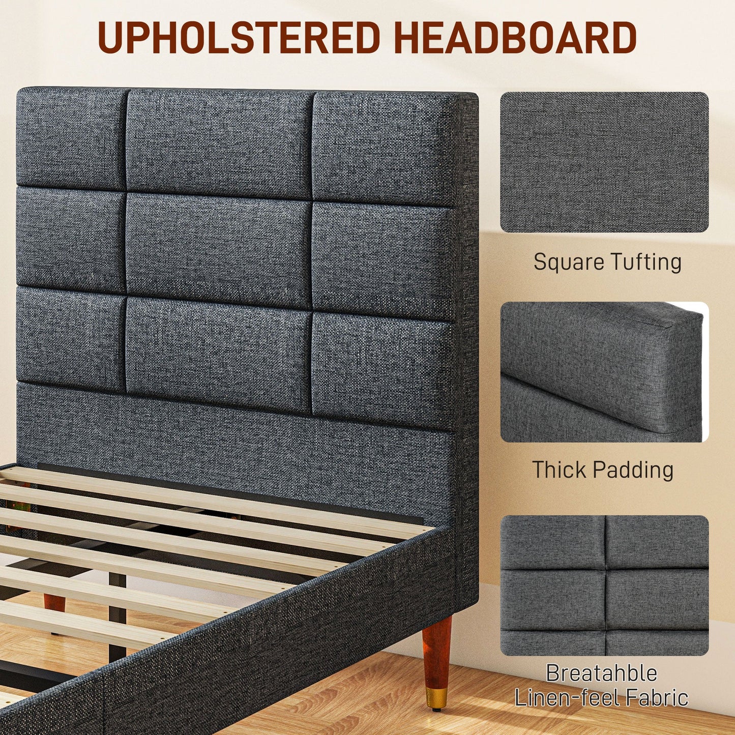 HOMCOM Upholstered Single Bed Frame 161W x 208D x 121Hcm with Slats, Grey