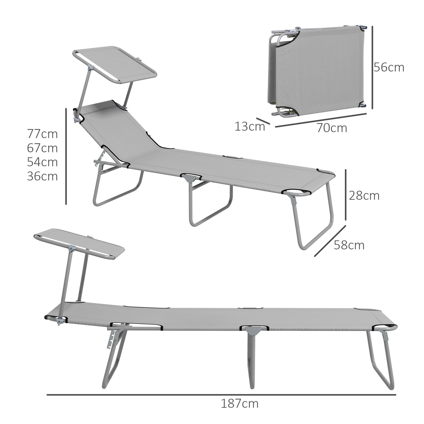 Outdoor Foldable Sun Lounger Set of 2 Reclining Chair With Angle Adjust Sun Shade Awning for Beach, Garden, Patio, Light Grey