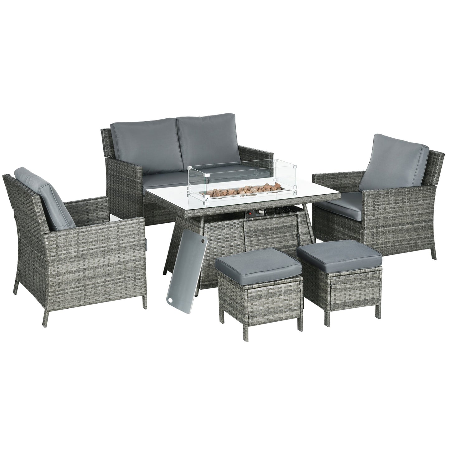 Zestaw mebli ogrodowych Outsunny 6 Seater Rattan, stół z paleniskiem gazowym, wiklinowa kanapa dwuosobowa, 2 fotele i 2 podnóżki, 6-częściowy zestaw mebli ogrodowych z rattanu z poduszkami do ogrodu zimowego, szary