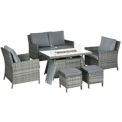 Zestaw mebli ogrodowych Outsunny 6 Seater Rattan, stół z paleniskiem gazowym, wiklinowa kanapa dwuosobowa, 2 fotele i 2 podnóżki, 6-częściowy zestaw mebli ogrodowych z rattanu z poduszkami do ogrodu zimowego, szary