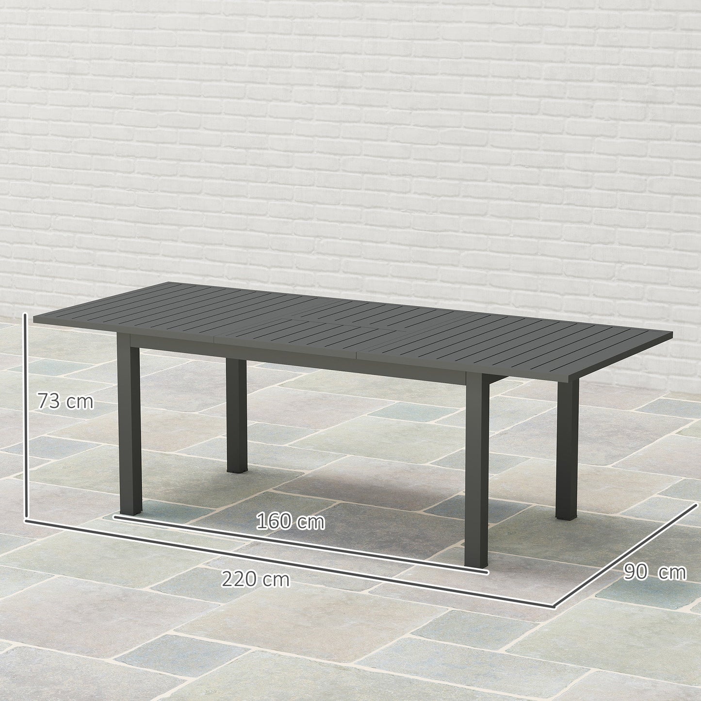 Outsunny Aluminium Extending Garden Table with Slatted Top for 6-8 Person, 160/220 x 90 x 73 cm, Grey
