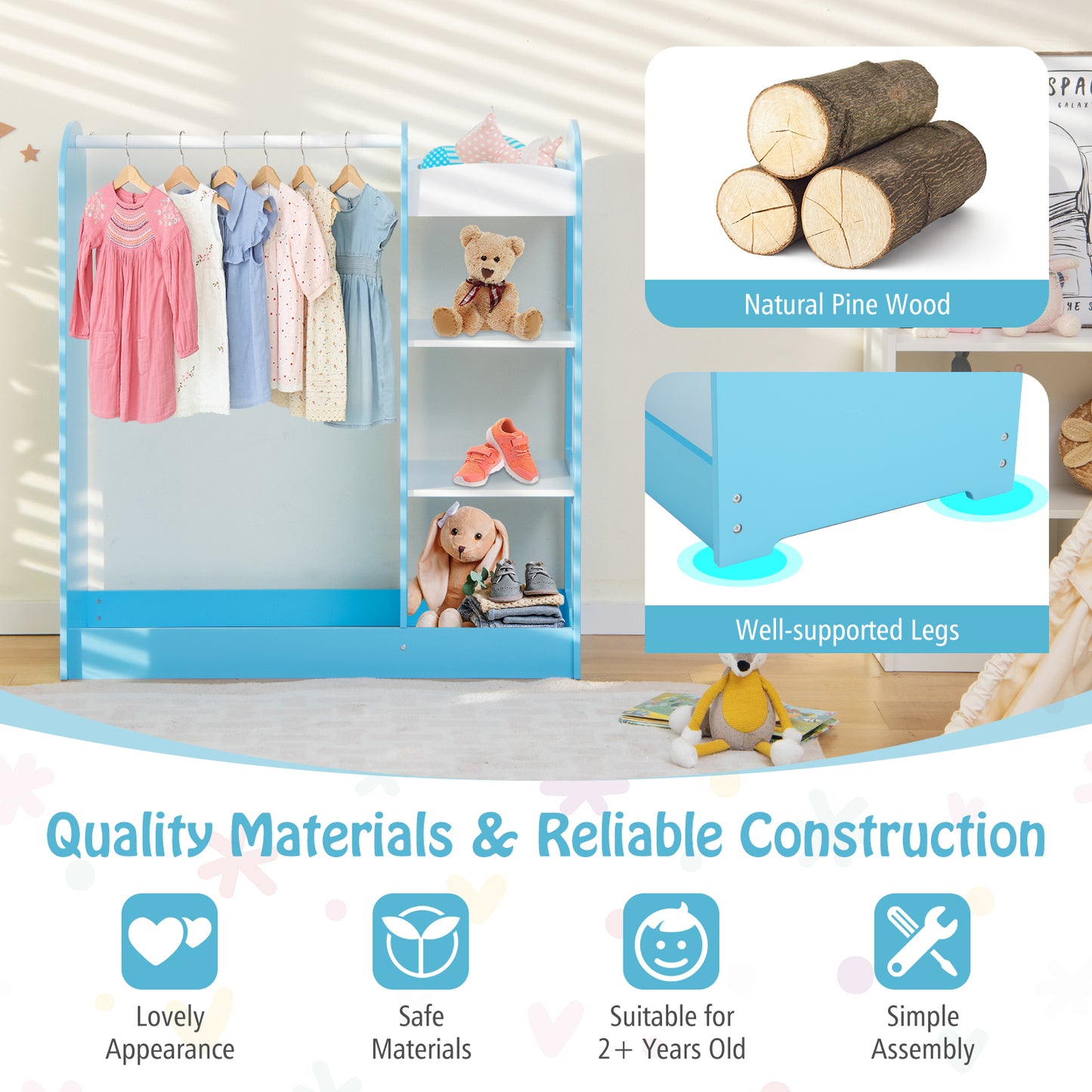 Kids Dress up Storage with Mirror-Blue
