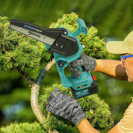 Outsunny 8 Inch Electric Chainsaw, Cordless Mini Chain Saw with Brushless Motor, 2 x 4000mAh Batteries and Safety Lock, Handheld Portable Wood Pruning Saw for Trimming Cutting, Blue