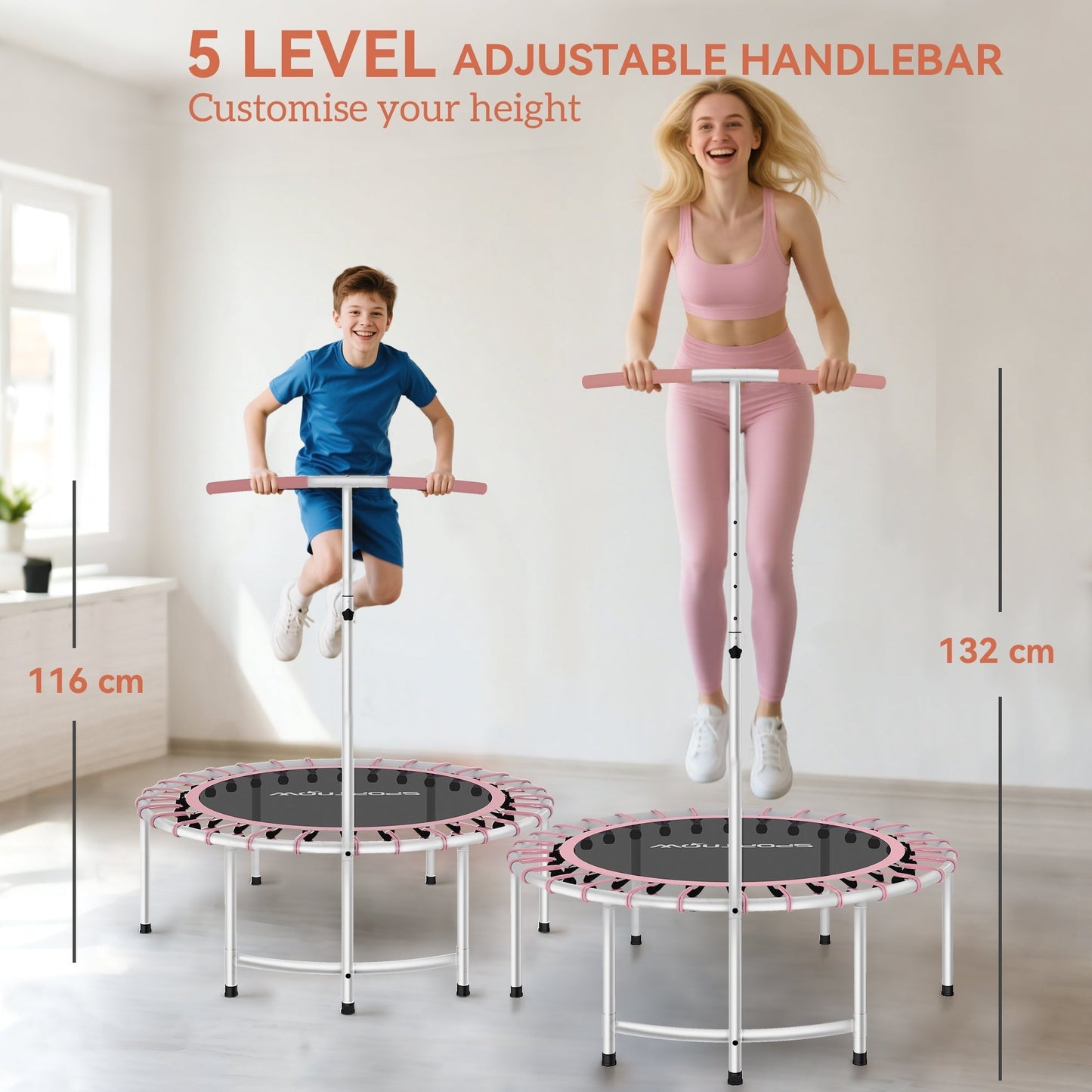 SPORTNOW 40" Fitness Trampoline, Mini Rebounder Trampoline for Adults with 5-Level Adjustable Handle, Indoor Exercise Bungee Rebounder, Max Load 100KG, Pink