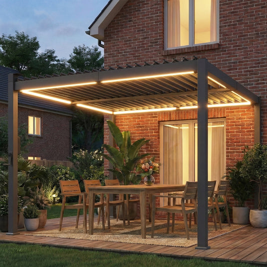 Outsunny Louvered Pergola with Solar LED Lights in Black, image 2