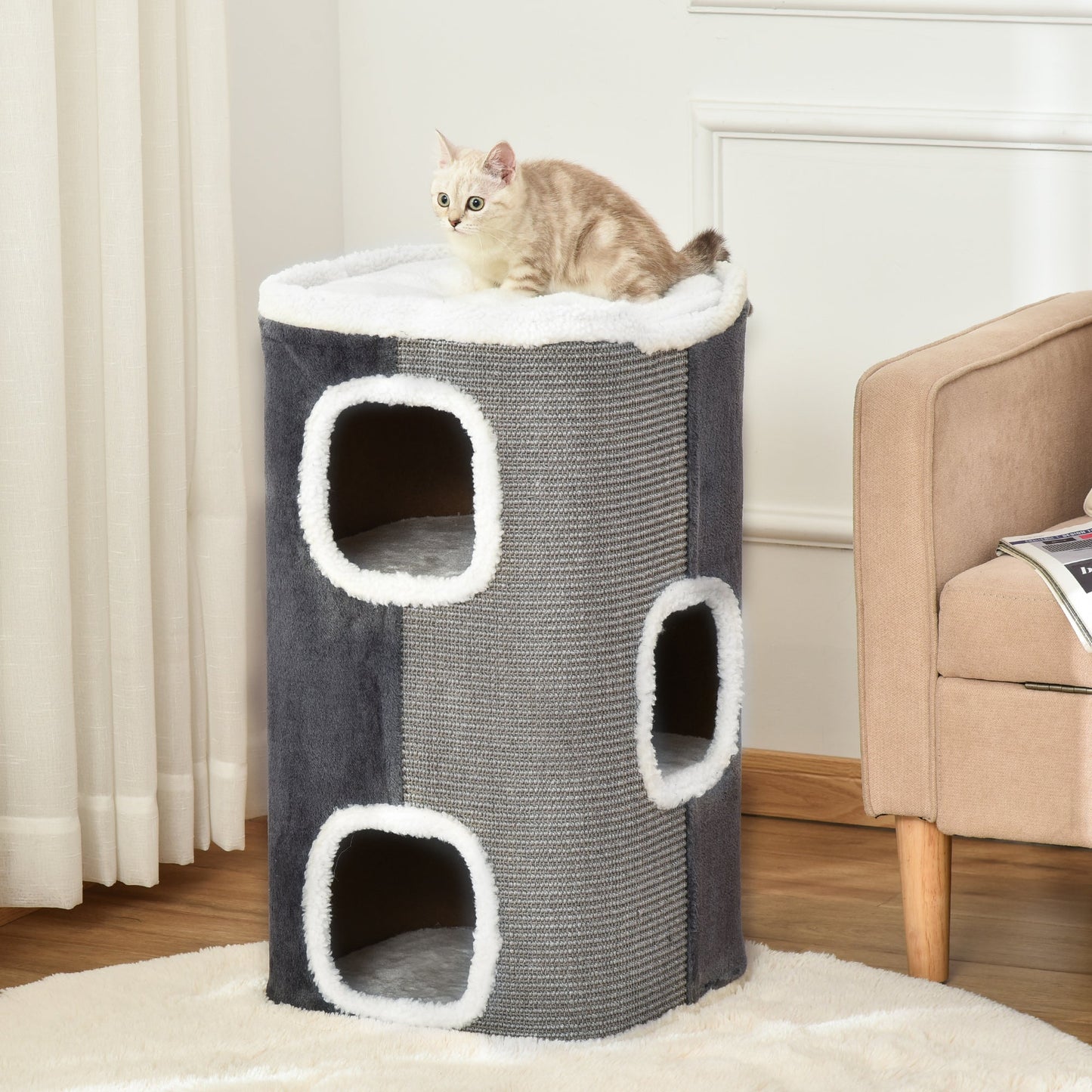 PawHut Sisal Cat Barrel with Soft Plush & Lamb Fleece Grey