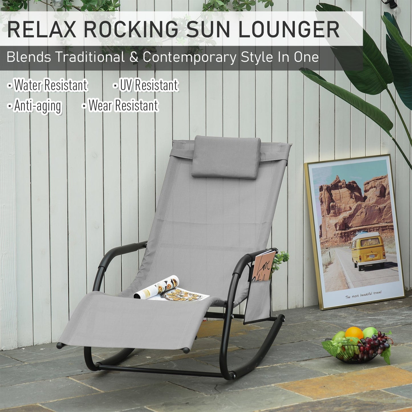 Outsunny Breathable Mesh Rocking Chair Patio Rocker Lounge for Indoor & Outdoor Recliner Seat w/ Removable Headrest for Garden and Patio Grey