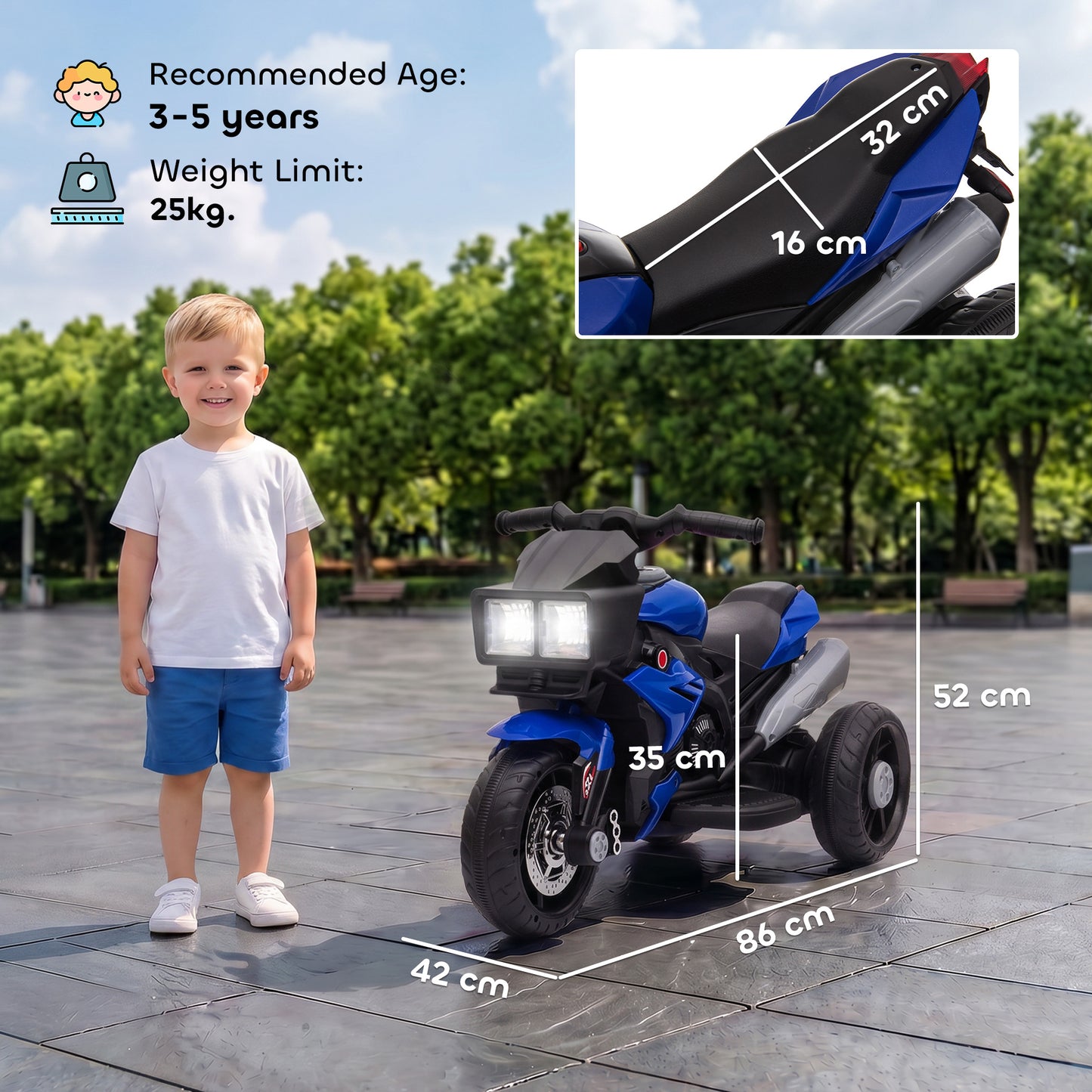 AIYAPLAY Kids Electric Motorcycle Ride-On Toy, 3-Wheel Battery-Operated Motorbike with Horn, Toddler Ride On Bike, Blue