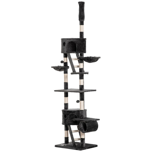 PawHut Floor to Ceiling Cat Tree for Indoor Cats 240-260cm Adjustable Height Dark Grey