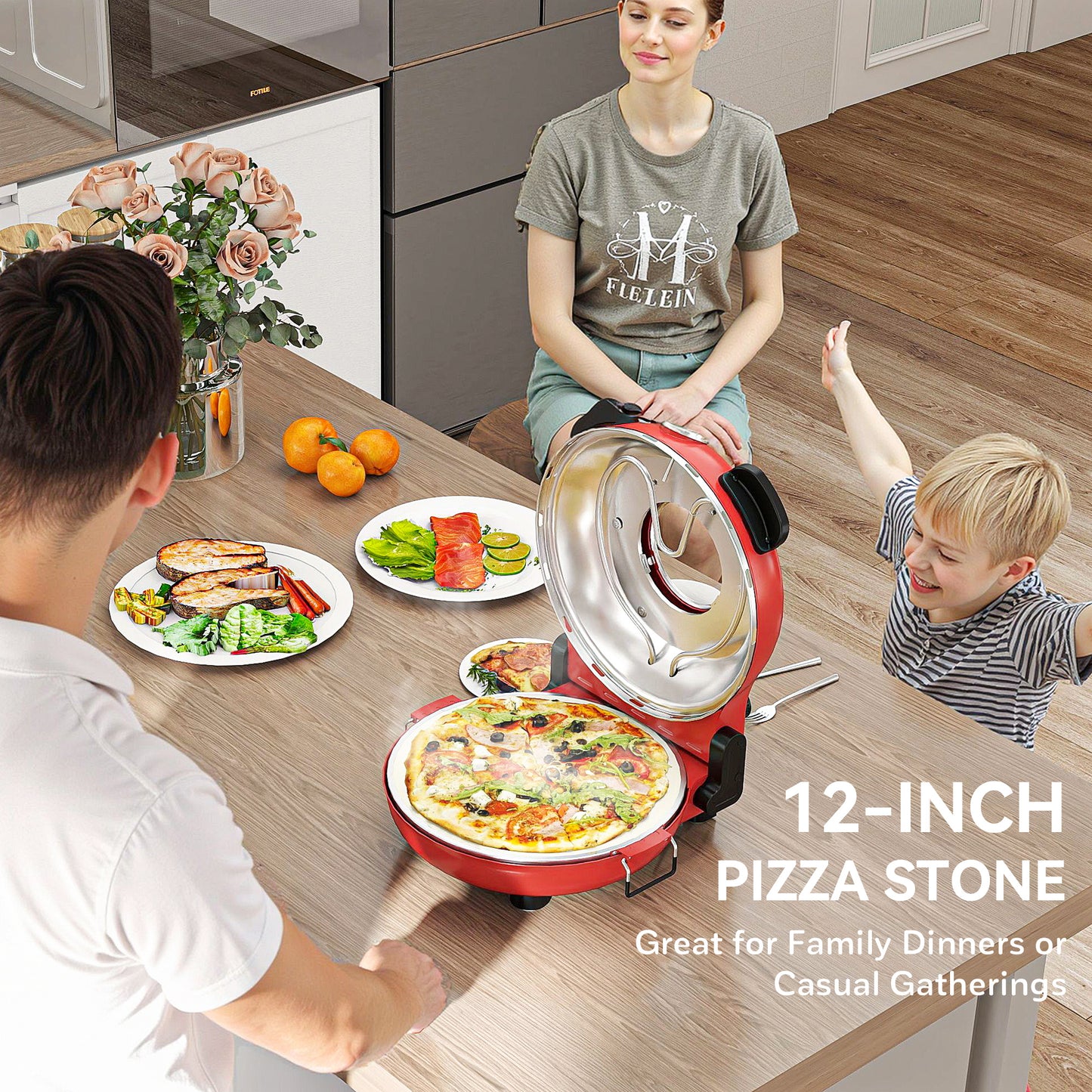 HOMCOM 1200W Pizza Oven, 12 Inch Electric Pizza Maker with Viewing Window, Dual Knob Temp & Timer Control, Overheat Protection, Red