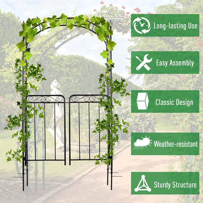 Outsunny Garden Decorative Metal Arch with Gate Outdoor Patio Trellis Arbor for Climbing Plant Archway Antique Black - 108L x 45W x 215Hcm