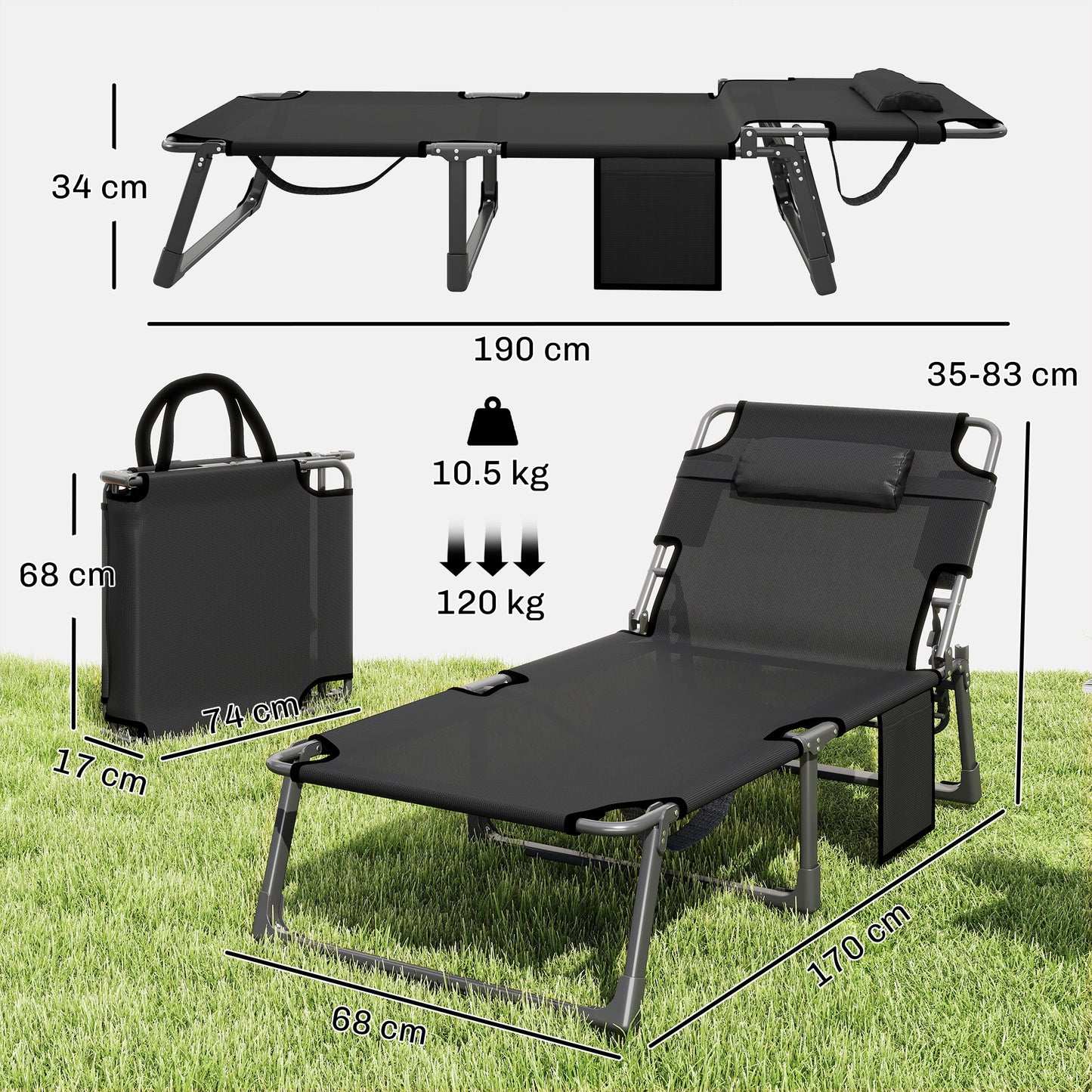 Outsunny Folding Sun Lounger for Garden, 5-Position Oversized Camping Bed Recliner with Cushions, Dark Grey
