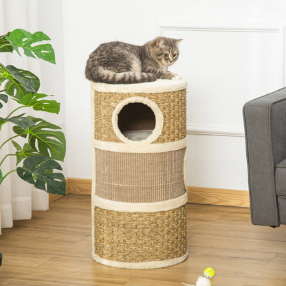 PawHut Cat Scratching Barrel Kitten Tree Tower for Indoor Cats Pet Furniture Climbing Frame Covered with Sisal and Seaweed Rope Cozy Platform Soft Plush