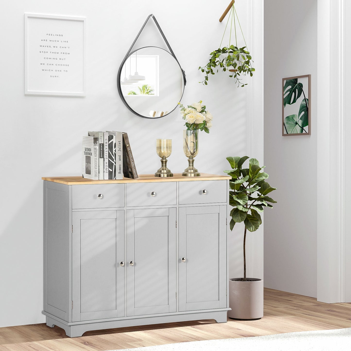HOMCOM Sideboard with Rubberwood Top and Adjustable Shelves for Dining Room, Kitchen - Grey