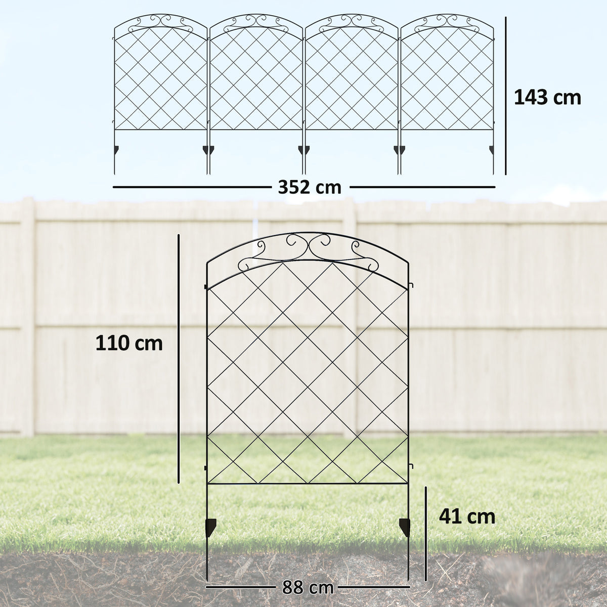Outsunny Steel Decorative Swirls Outdoor Picket Fence Panels Set of 4, Black