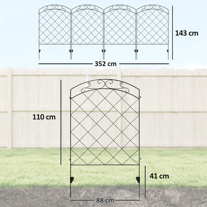 Outsunny Steel Decorative Swirls Outdoor Picket Fence Panels Set of 4, Black