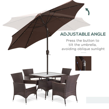 Outsunny 2.7m Garden 24 LED Light Parasol Solar Outdoor Tilt Sun Umbrella Patio Club Party Event Manual Sun Shade w/ Hand Crank and 8 Ribs, Brown