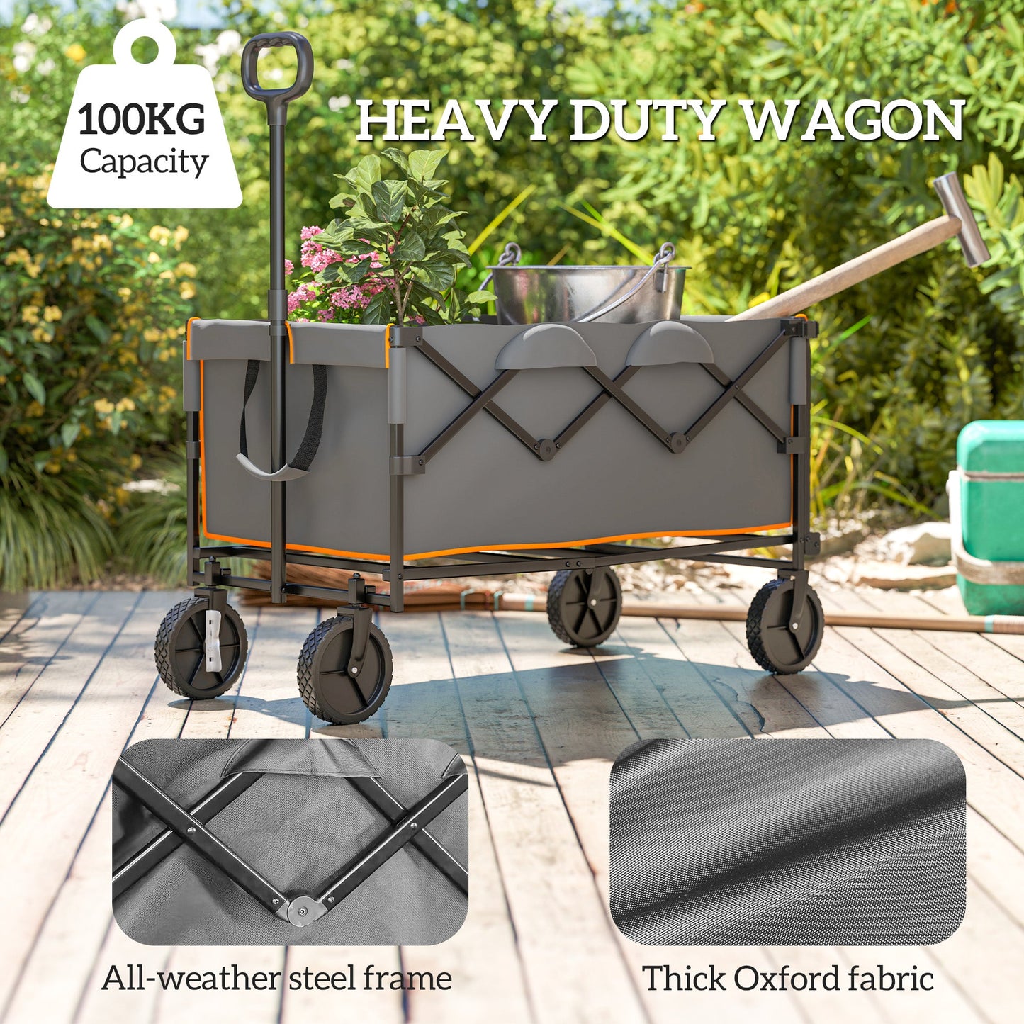 Outsunny 160L Festival Trolley on Wheels, Folding Camping Trolley Cart w/ Tailgate, 100kg Heavy Duty Garden Collapsible Folding Wagon w/Adjustable Handle, Carry Bag for Beach Picnic, Grey and Orange