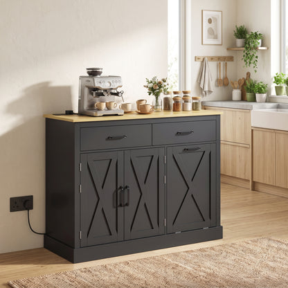 HOMCOM Tilt Out Trash Cabinet with Charging Station, Kitchen Island with Storage, 57 Liter Hidden Rubbish Bin Storage, Black