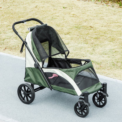 PawHut Foldable Pet Stroller for Large Dogs with Four Big Wheels, Shock-Absorbing Frame, Safety Leashes, Brakes, Dark Green