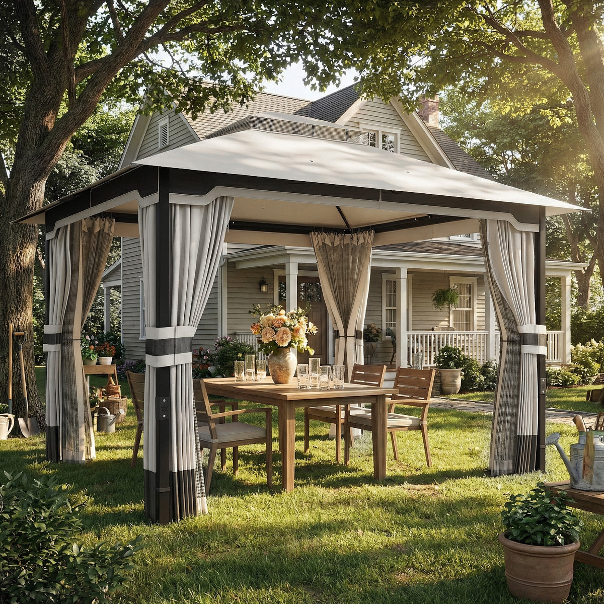 Outsunny 3 x 3.6 m Outdoor Garden Gazebo with Netting and Curtains, Double Roof Patio Gazebo Permanent Pavilion, Light Grey