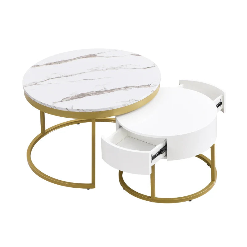 Rotating Round Marble Coffee Table Set, High Gloss Pattern with Golden Metal Frame, Set of 2, 70x70x45 cm + 50x50x38.5 cm, White