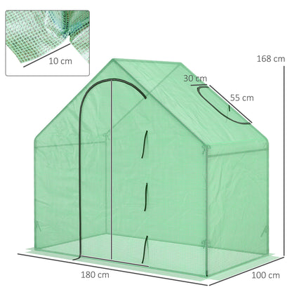 Outsunny Walk In Tomato Greenhouse Garden Outdoor Mini Greenhouse Flower Planter Steel Frame with Zipped Door & Window, PE Cover, 180 x 100 x 168CM, Green