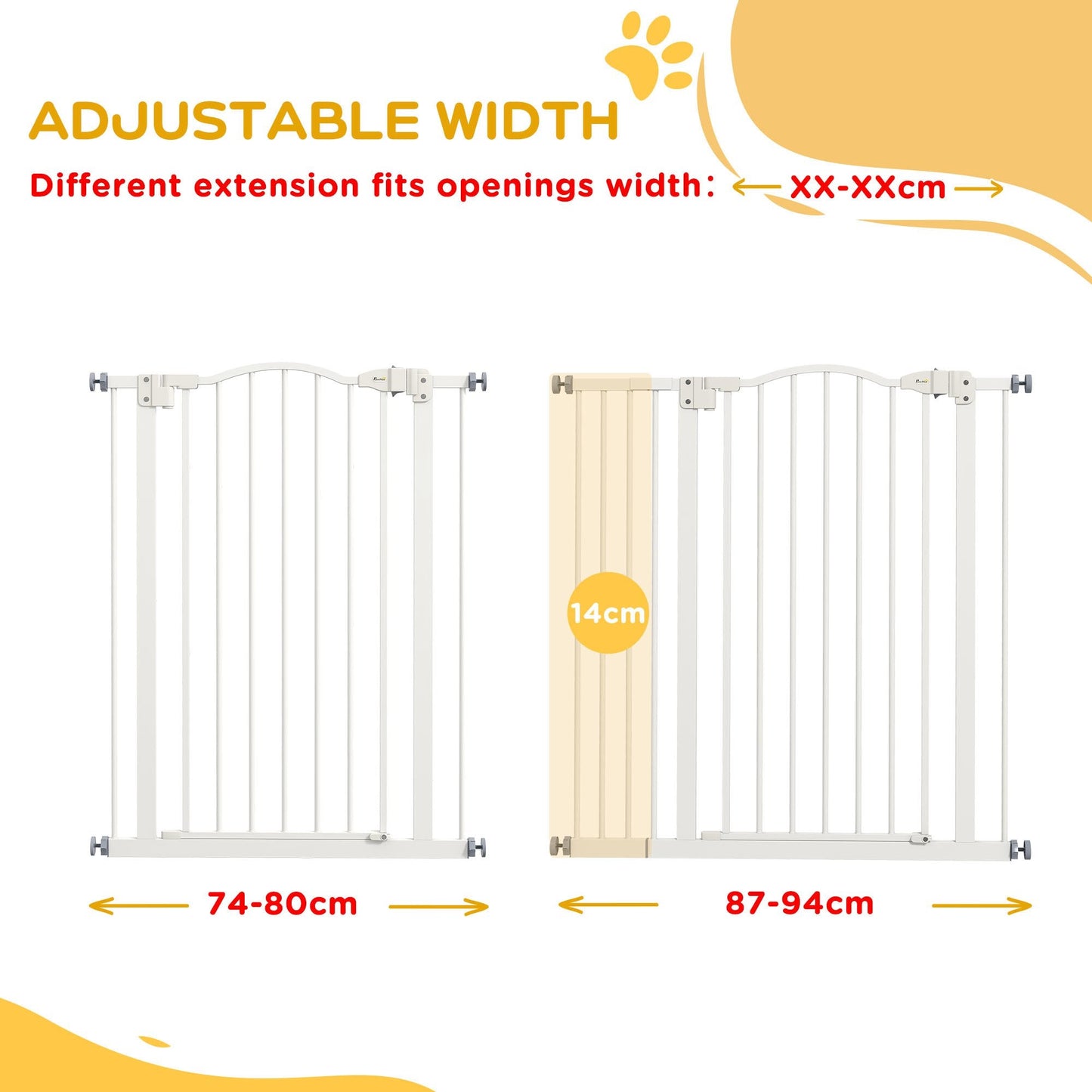 PawHut Pressure Fit Dog Stair Gate No Drilling Safety Gate Auto Close for Doorways, Hallways, 74-94cm Adjustable, 94cm Tall, White